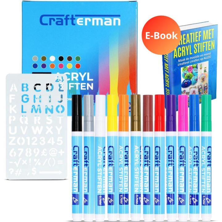 Crafterman 12 st. Acryl Stiften set - Met Stencil & eBook - Pasen - Paaseieren schilderen - Happy Stones - Voor Stenen Schilderen - Verfstiften - Acrylverf