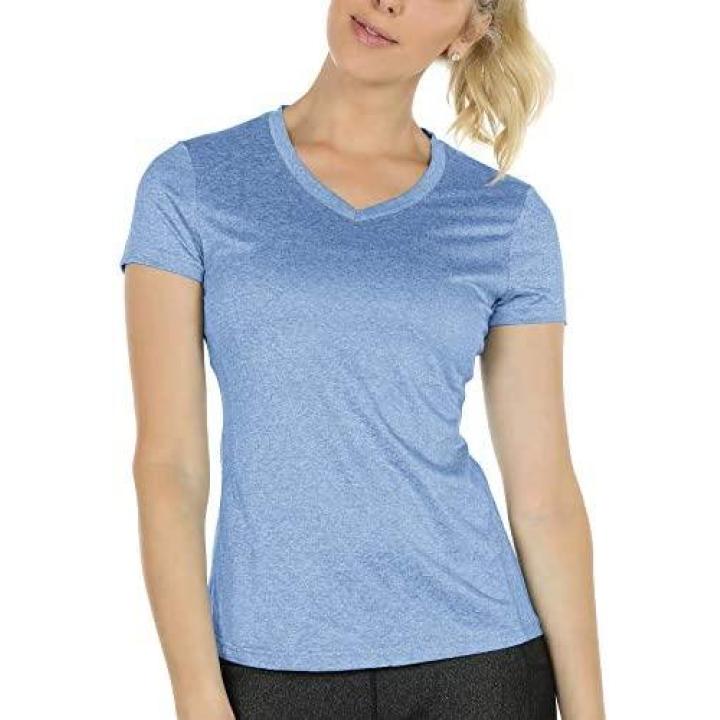 Dames sportshirt loopshirt V-hals ademend fitness yoga T-shirt gym bovenstuk korte mouwen L  blauw