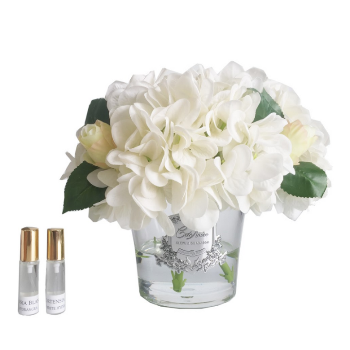 Hortensia en Rozen Ivory White in glazen vaas - Cote Noire (LHRB01) boeket kunstbloemen geurbloemen