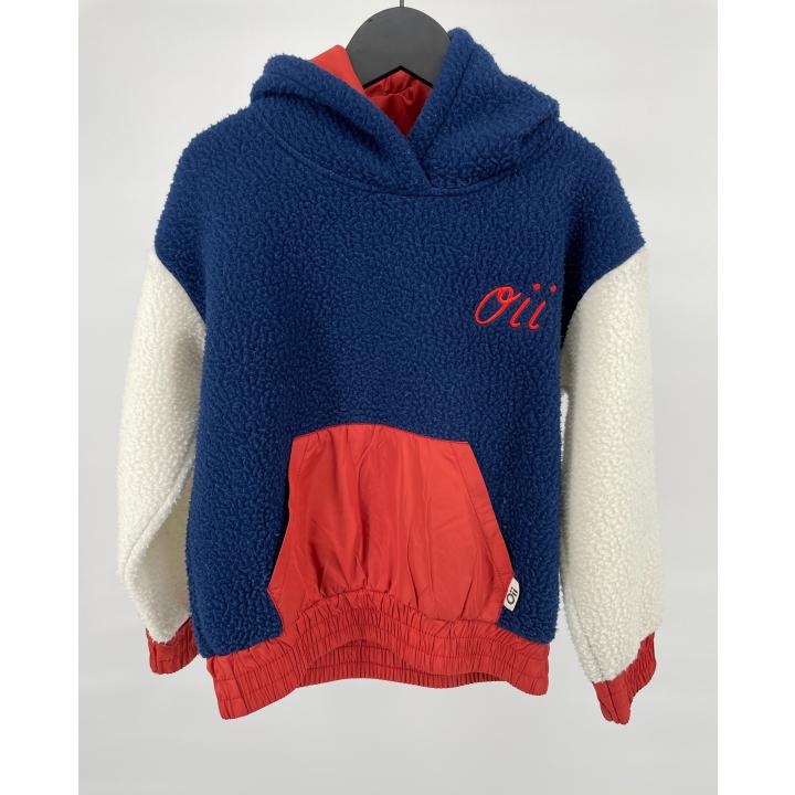 Hoodie Donkerblauw Beige Rood Fleece Maat 134 / 140