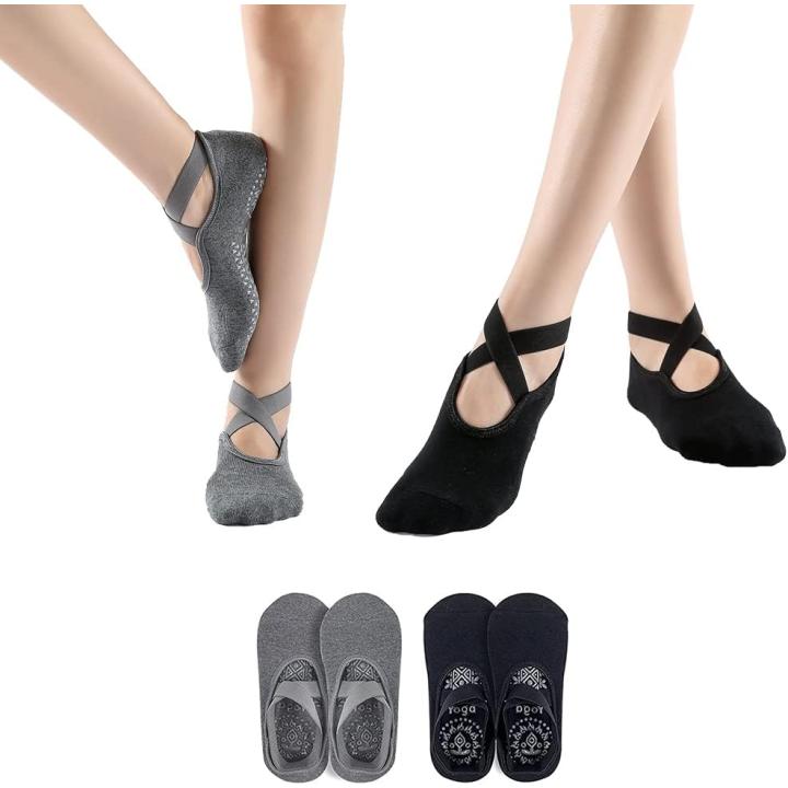 2 paar yoga-sokken voor dames, antislip, pilates, barre fitness, blote voettraining, antislip, balletsokken met anti-slip handgrepen voor pilates, ballet, dans, fitness - zwart en grijs.