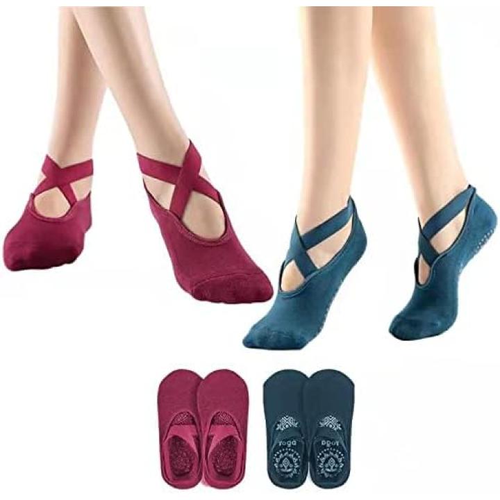 2 paar yoga-sokken voor dames, antislip, pilates, barre fitness, blote voettraining, antislip, balletsokken met anti-slip handgrepen voor pilates, ballet, dans, fitness - Rood en blauw.