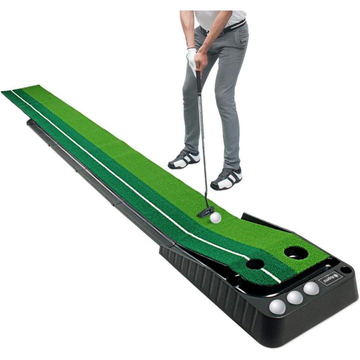 Golf Putting Trainer (3 ballen gratis), tweekleurige grasgolfmat met baldikker retourbaan en automatische functie Oefen binnen en buiten voor beginners en amateur