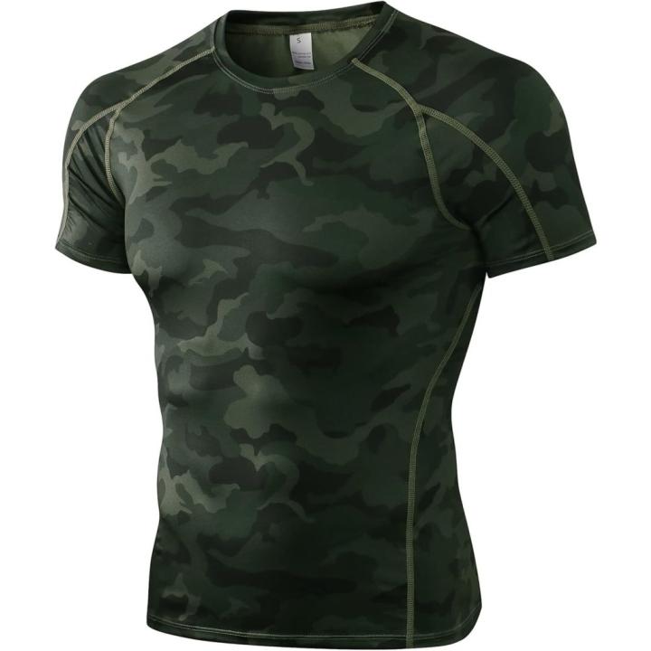 Heren compressieshirt korte mouwen functioneel shirt sneldrogend loopshirt sportshirt fitnessshirt voor mannen - XL - Camo Groen