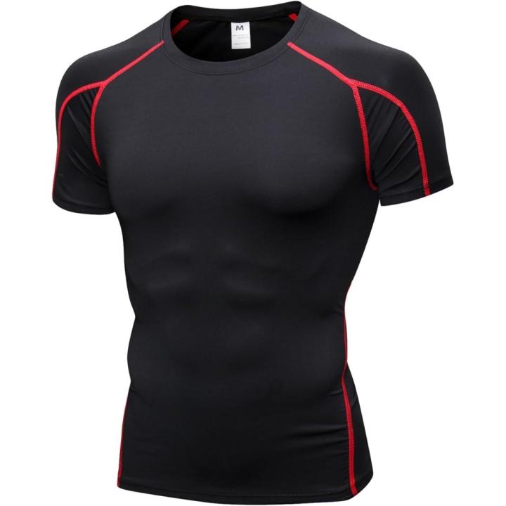 Heren compressieshirt korte mouwen functioneel shirt sneldrogend loopshirt sportshirt fitnessshirt voor mannen - XXL - Zwart/Rood
