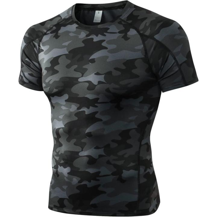 Heren compressieshirt korte mouwen functioneel shirt sneldrogend loopshirt sportshirt fitnessshirt voor mannen - M - Camouflagekleur: zwart