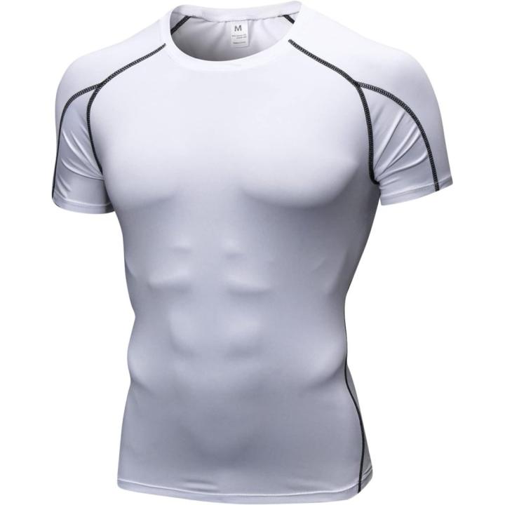 Heren compressieshirt korte mouwen functioneel shirt sneldrogend loopshirt sportshirt fitnessshirt voor mannen - L - Wit