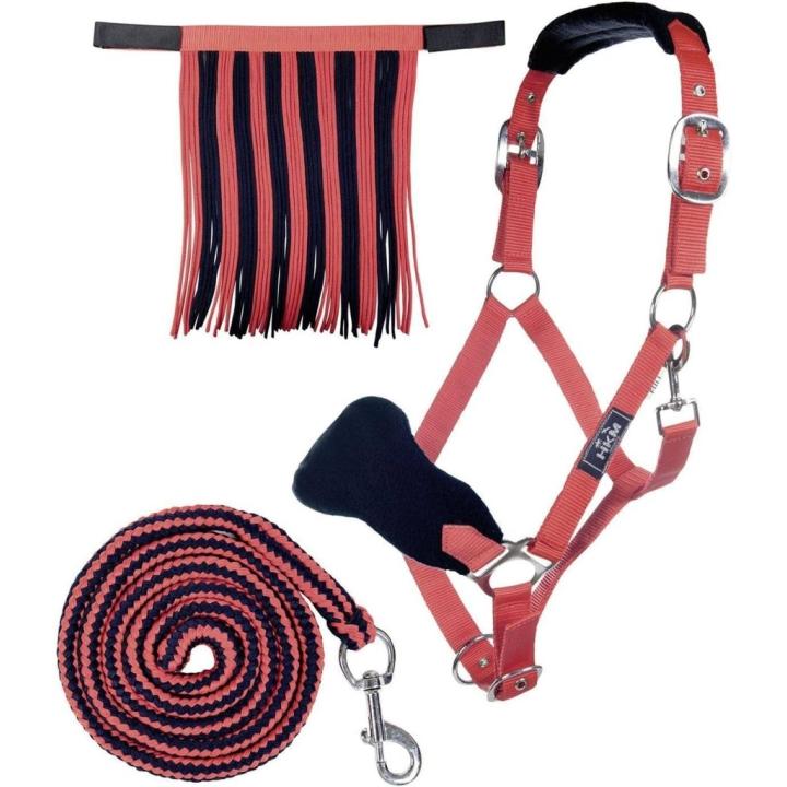 Holster met gebreide karabijnhaak & vliegenfranjes,  Pony - rood/donkerblauw.