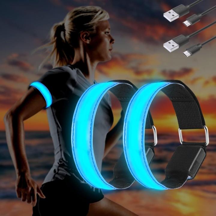 Led-armband, USB, 4 stuks, reflecterende ledband, lichtband, voor kinderen, reflecterende band, licht voor joggen, hardlopen, sport - 2er - Blauw