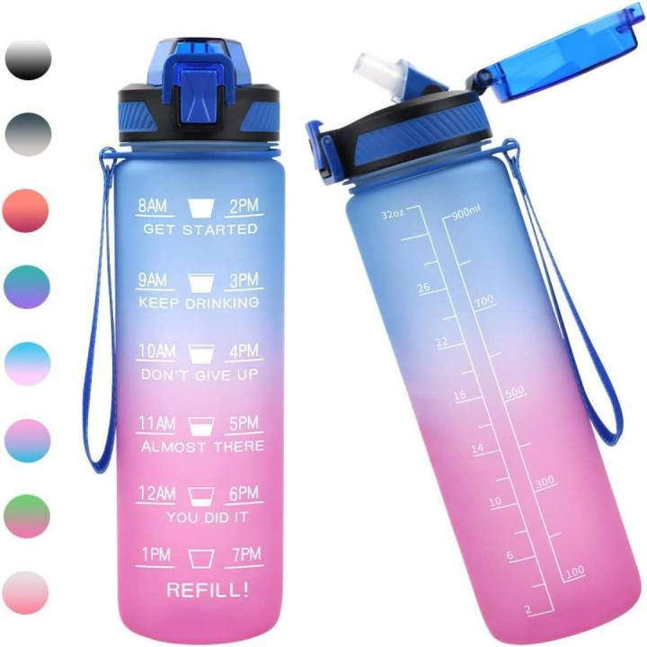 1 liter waterfles met tijdmarkeringen en rietje: Houd je gehydrateerd en gemotiveerd! - Blauw-paars
